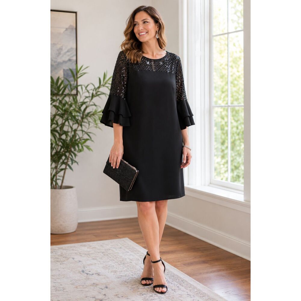 Nicole Miller NWT Black Sequin Overlay Dress Size 14 Bell Sleeve Cocktail Party
